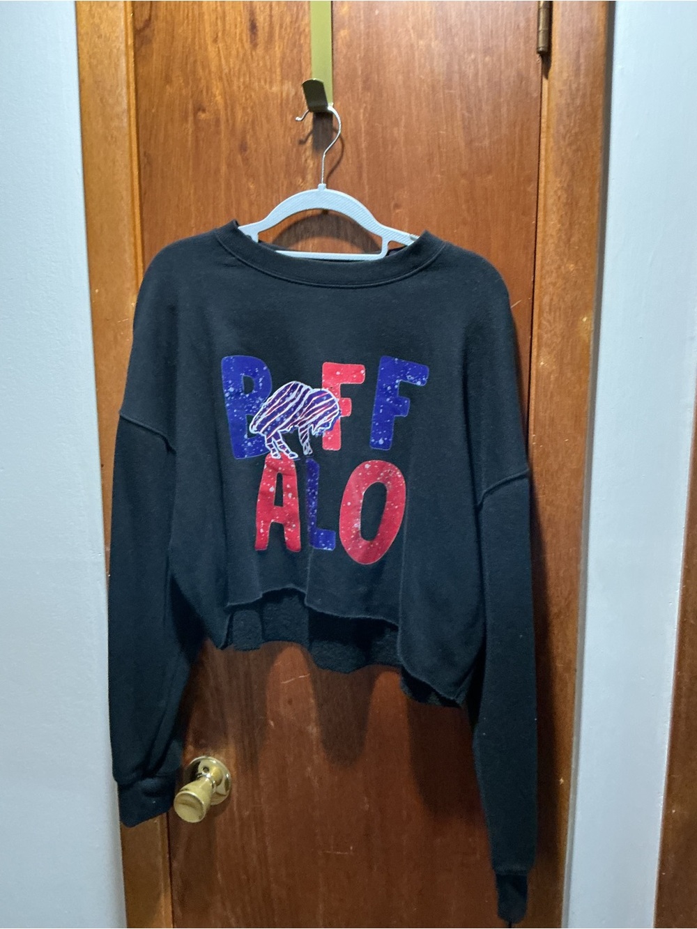 Women's Black Cropped Crewneck Sweatshirt with Red & Blue Graphic